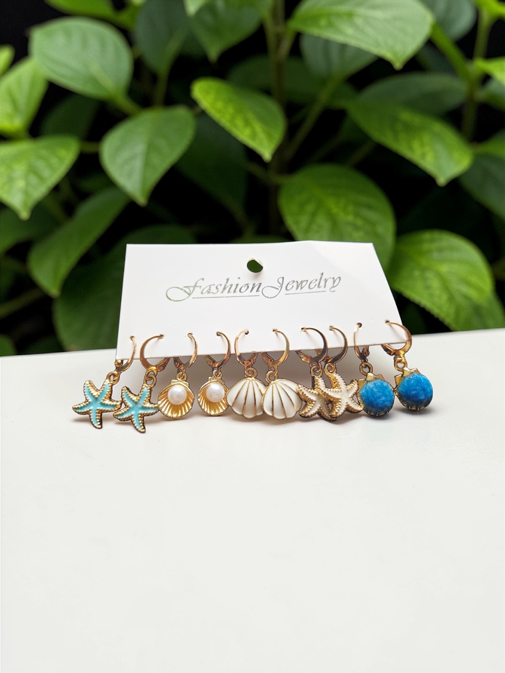 Ocean Theme Gold Hoop Earrings Set – Starfish Seashell Pearl Turquoise Charms